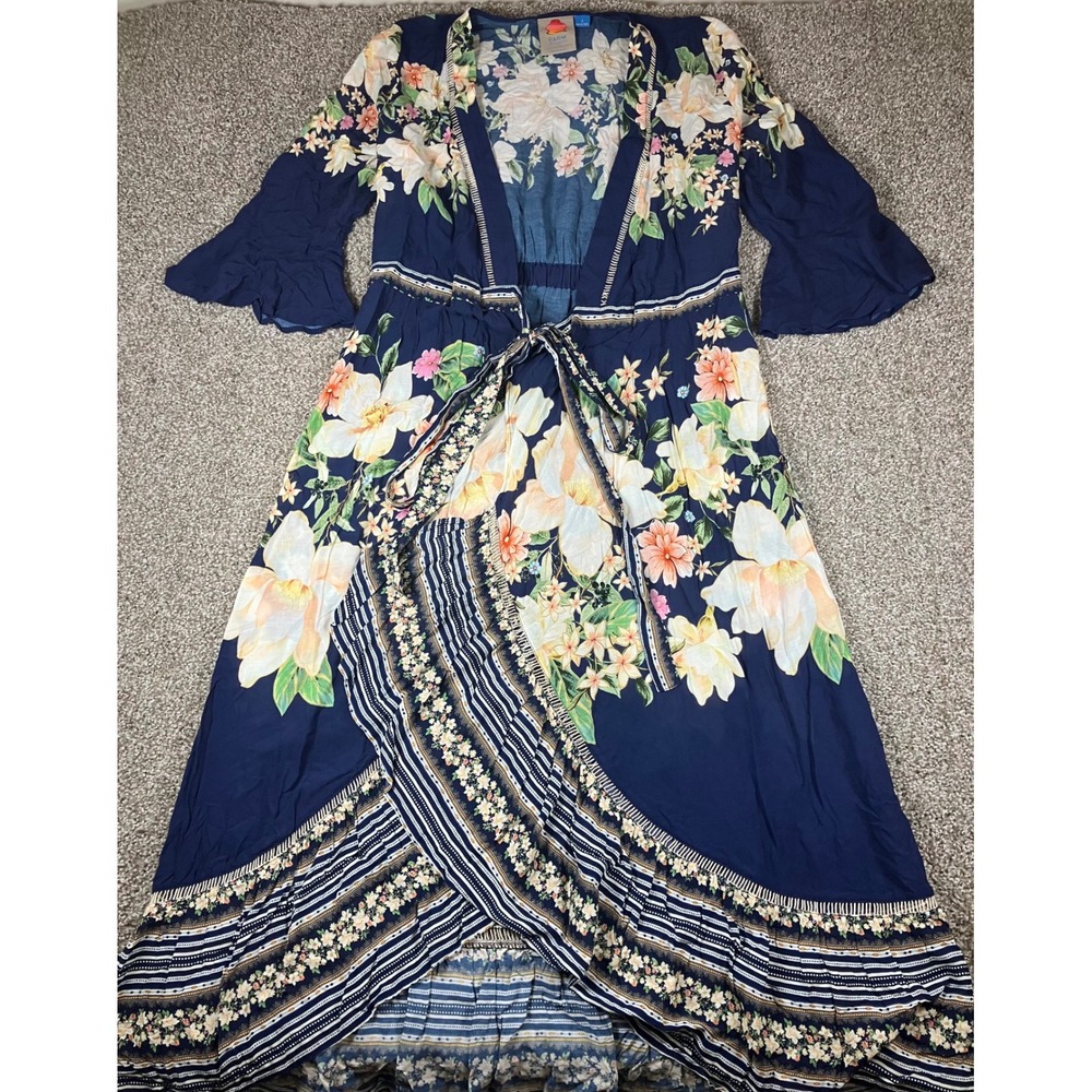 Farm Rio Anthropologie Midnight Floral Wrap Maxi Dress Navy Blue Boho Small